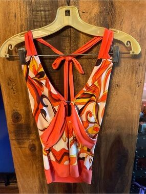 Retro Swirl Halter Tank Top in Coral & Orange